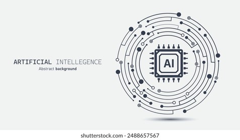 AI chip icon on circuit board. Futuristic artificial intelligence abstract background. Machine learning, Large data processing, database concept. Vector illustration for web, banner and template.