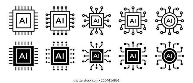 Ai chip icon set. computer microchip vector symbol. semiconductor micro chip hardware sign. robot brain artificial intelligence processor vector icons pack.