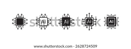 Ai chip icon set. computer microchip vector symbol. semiconductor micro chip hardware sign. robot brain artificial intelligence processor vector icons pack.