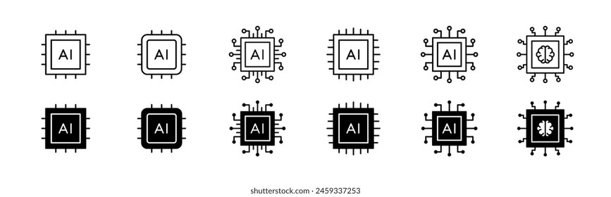 Conjunto de iconos de chip AI. Línea y glifo de chip de procesador AI. Conjunto de iconos de microchip de inteligencia artificial