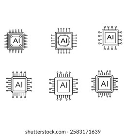 AI chip icon set. Line and glyph AI processor chip. Artificial intelligence microchip icon set
