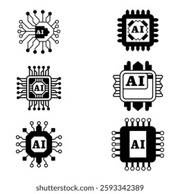 AI Chip Icon Set Line and Glyph AI Processor Chip Artificial Intelligence Microchip Icons