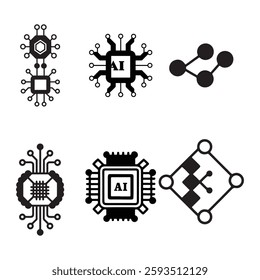 AI Chip Icon Set Line and Glyph AI Processor Microchip Icons for Artificial Intelligence Designs