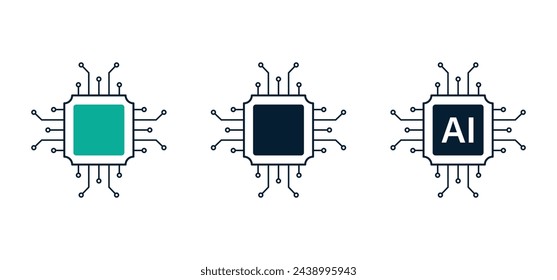 AI chip icons set, artificail intelligence symbol, cpu memory or processor chipset vector illustration, electronic circuit board