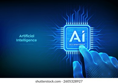 AI chip with the inscription AI Accelerated. Hand pressing on a CPU microchip. Concept of artificial intelligence technology. AI accelerated processor chip. Machine learning. Vector illustration.