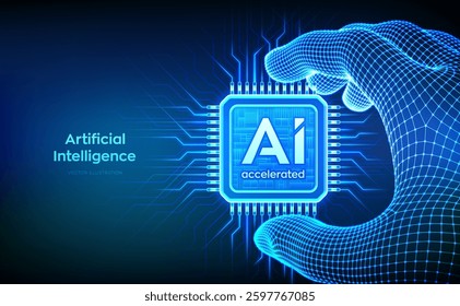 AI chip with the inscription AI Accelerated in wireframe hand. CPU microchip. Concept of artificial intelligence technology. AI accelerated processor chip. Machine learning. Vector illustration.