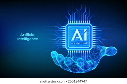 AI chip with the inscription AI Accelerated in wireframe hand. CPU microchip. Concept of artificial intelligence technology. AI accelerated processor chip. Machine learning. Vector illustration.