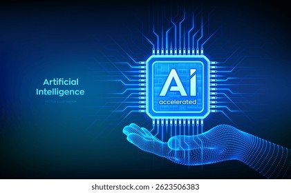 chip AI com a inscrição AI acelerado na mão wireframe. Microchip da CPU. Conceito de tecnologia de inteligência artificial. chip de processador acelerado por IA. Aprendizado de máquina. Ilustração vetorial.