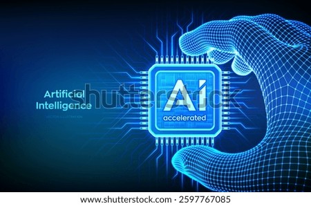 AI chip with the inscription AI Accelerated in wireframe hand. CPU microchip. Concept of artificial intelligence technology. AI accelerated processor chip. Machine learning. Vector illustration.
