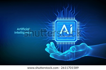 AI chip with the inscription AI Accelerated in wireframe hand. CPU microchip. Concept of artificial intelligence technology. AI accelerated processor chip. Machine learning. Vector illustration.