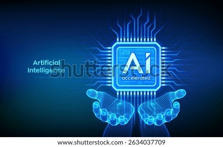 AI chip with the inscription AI Accelerated in wireframe hands. CPU microchip. Concept of artificial intelligence technology. AI accelerated processor chip. Machine learning. Vector illustration.