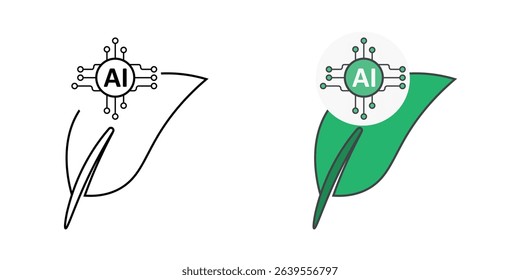 AI chip inside green leaf icon in outline and color styles, representing eco-friendly artificial intelligence, green innovation, and sustainable smart technology.