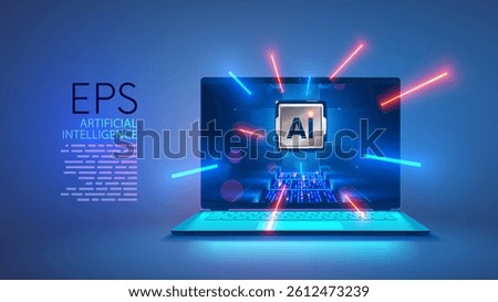 AI chip of laptop. CPU or chip electronic of laptop on screen. AI Processor of notebook. Engineering, develop electronic AI chip. Computer hardware technology. Laptop with artificial intelligence chip