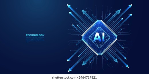 AI chip with light growth arrows and circuit elements. Artificial Intelligence background. AI innovation concept. Technology bg. Low poly wireframe vector illustration. Abstract digital polygonal art.