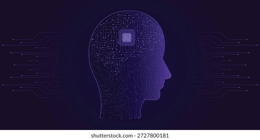 AI chip with light growth arrows and circuit elements. Artificial Intelligence background. AI innovation concept. Technology bg. Low poly wireframe vector illustration. Abstract digital polygonal art.