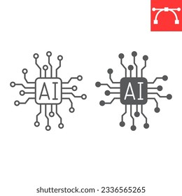 Icono de línea de chip AI y glifo, tecnología e inteligencia artificial, icono vectorial de dispositivo incrustado, gráficos vectoriales, símbolo de contorno de trazo editable, eps 10.