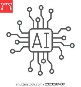 Icono de línea de chip AI, tecnología e inteligencia artificial, icono vectorial de dispositivo empotrado, gráficos vectoriales, símbolo de contorno de trazo editable, eps 10.