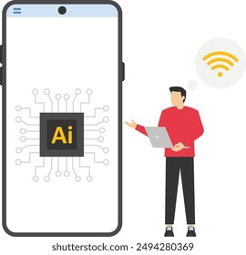 AI chip, machine learning, analysis information. Digital brain with neural network. Chatbot. Artificial intelligence concept. Vector illustration.

