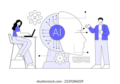 chip AI, aprendizagem de máquina e homem mulher. Equipe de negócios com cabeça de robô. Ilustração de vetor plano.