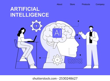 AI chip, Machine learning man and woman. Business team with robot head. Flat vector illustration.