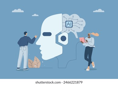 AI chip, Machine learning and people, Data analysis with innovative processing chips, Business team with robot head with digital brain outline with artificial neural network, Vector illustration.