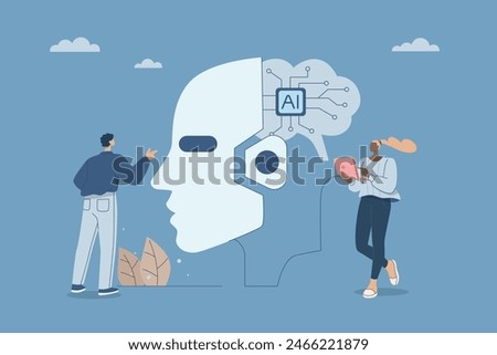 AI chip, Machine learning and people, Data analysis with innovative processing chips, Business team with robot head with digital brain outline with artificial neural network, Vector illustration.