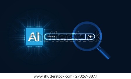 AI Chip with Magnifying glass and AI generative bar. Concept of Artificial Intelligence. AI Search Engines. Powered SEO optimization. Generate an idea by a prompt. Vector illustration.