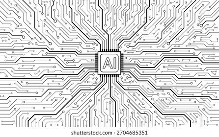 AI chip on abstract circuit board on dark blue background, representing future technology, artificial intelligence and computers.