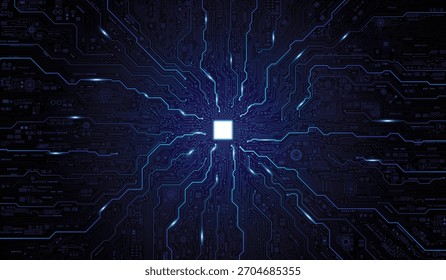chip AI na placa de circuito abstrata no fundo azul escuro, representando tecnologia futura, inteligência artificial e computadores.