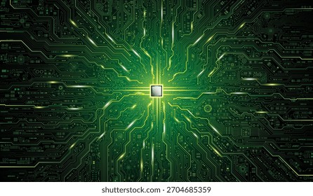 chip AI na placa de circuito abstrata no fundo azul escuro, representando tecnologia futura, inteligência artificial e computadores.