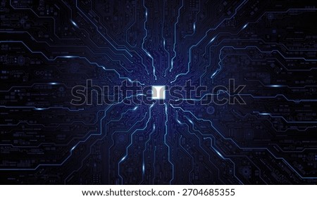 AI chip on abstract circuit board on dark blue background, representing future technology, artificial intelligence and computers.