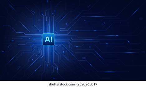 Ai chip on circuit board blue background. Artificial intelligence and Machine Learning technology futuristic design. Vector illustration design for banner and template.