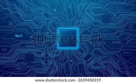 AI chip on a dark blue technology background. Circuit board, AI semiconductor, and computer processor. Abstract polygonal microchip. Tech innovation concept. Digital low poly vector illustration.