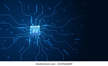 AI Chip on Glowing Circuit Board with Neon Lighting Effects, Representing Cutting-Edge Technology in Digital Tech Design"