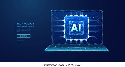 AI chip on a laptop monitor. Abstract digital technology innovation background. Computer processor with circuit elements in light blue on tech bg. CPU semiconductor or microchip with glowing neon.