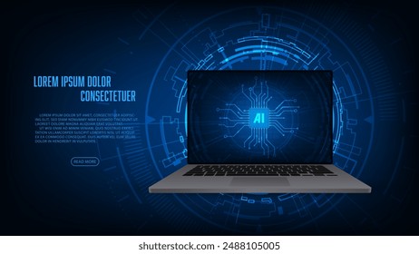 AI chip on a laptop monitor. Abstract digital technology innovation background.