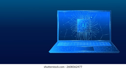 AI chip on a technological blue digital laptop monitor. Abstract background of digital technological innovation. Computer processor with digital circuit elements in technological blue