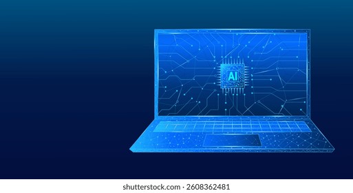 AI chip on a technological blue digital laptop monitor. Abstract background of digital technological innovation. Computer processor with circuit elements in light blue on a technological background