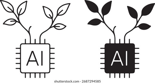 AI Chip and Plant Concept – Artificial Intelligence, Nature, and Sustainability Symbolic Outline Design