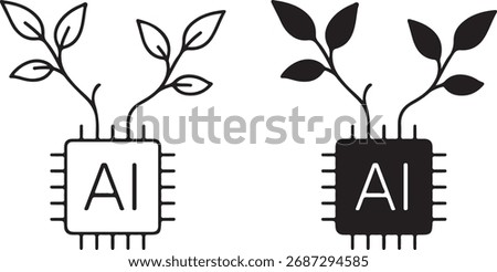 AI Chip and Plant Concept – Artificial Intelligence, Nature, and Sustainability Symbolic Outline Design