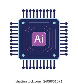 AI chip processor with circuit connections in purple and blue tones for technology concepts