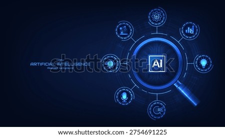 AI chip processor under a magnifying glass on a circuit board background. Algorithm analysis. Generative AI. Artificial intelligence concept. Displaying cyber information. Vector illustration.