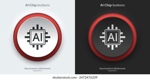 Signo de chip AI. Conjunto de Botones redondos en blanco y negro con chip AI. Icono en estilo neumórfico de moda. Estilo de diseño de neumorfismo 3D para App, Sitios web, interfaces y App móvil. UI UX.