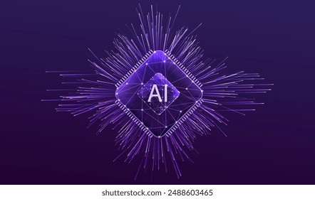 Ai chip technology banner background. Futuristic design with wireframe CPU processor and particle lines backdrop. Artificial intelligence purple vector illustration. Innovation digital concept.
