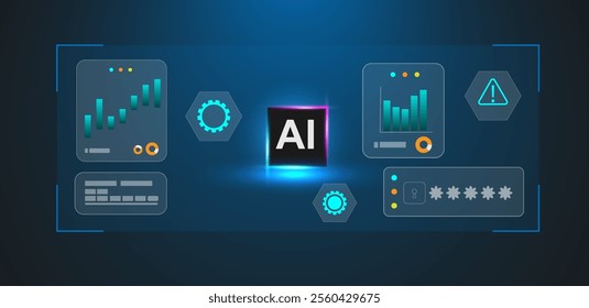 Ai chip technology with screen or machine learning blue background vector editable