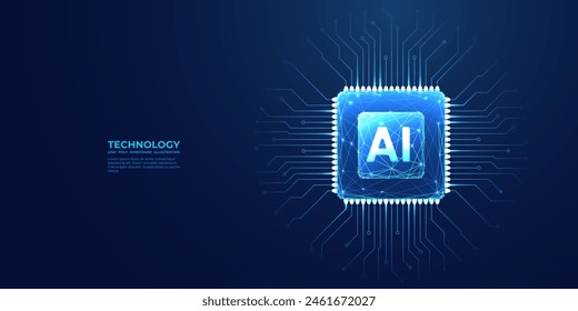 Ai chip top view on technology blue background. Light blue AI microchip with abstract circuit board on bg. Artificial Intelligence concept. Polygonal CPU or semiconductor. Digital vector illustration.