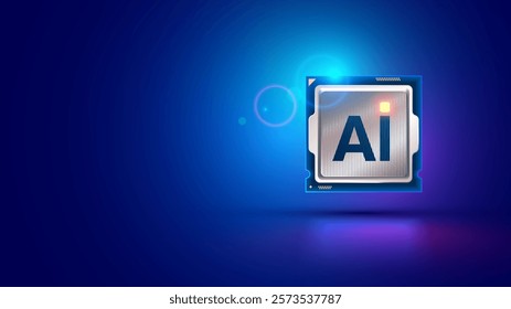 Ai chip top view on blue. AI chip fly in cyberspace. Artificial Intelligence CPU core. Electronic technology concept. Processor or CPU with AI core. Artificial intelligence of electronic chip.