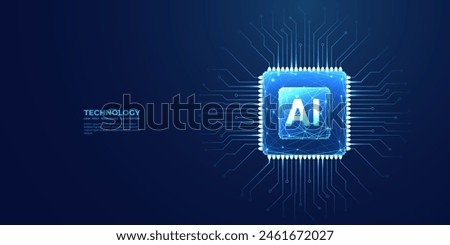 Ai chip top view on technology blue background. Light blue AI microchip with abstract circuit board on bg. Artificial Intelligence concept. Polygonal CPU or semiconductor. Digital vector illustration.