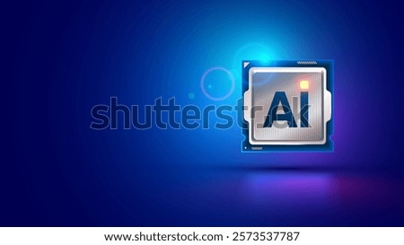 Ai chip top view on blue. AI chip fly in cyberspace. Artificial Intelligence CPU core. Electronic technology concept. Processor or CPU with AI core. Artificial intelligence of electronic chip.