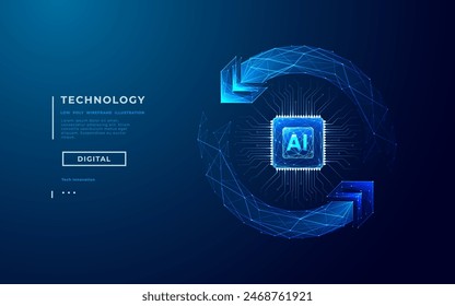 AI chip and two recycle digital arrows. Abstract digital AI processor in low poly wireframe with neon blue lights effects. Technology background. Artificial Intelligence concept. Vector illustration.